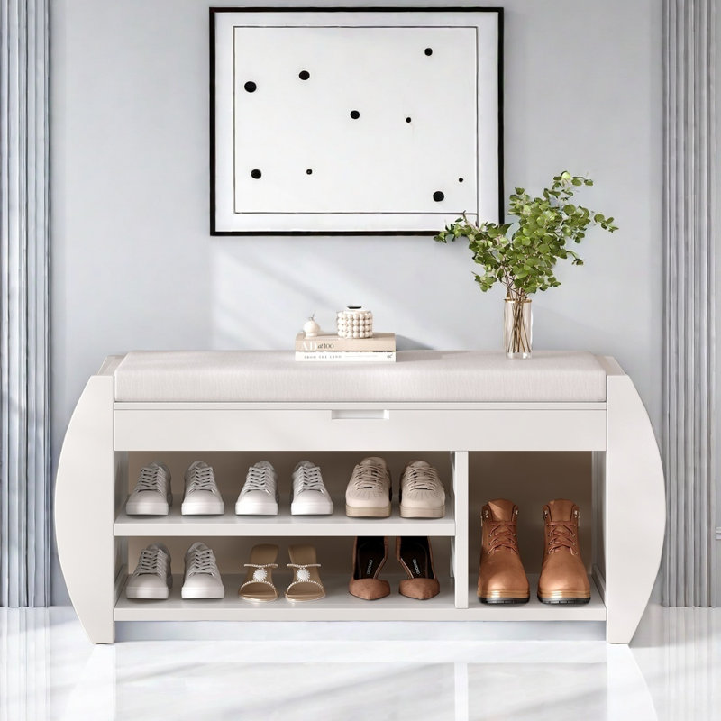 Banc de rangement en tissu, H 38,1 po x l 42 po x P 13 po, Blanc antique