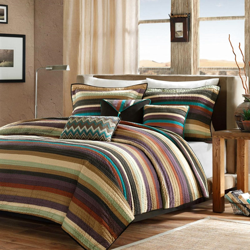 Courtepointe simple / simple TG avec fonction réversible, microfibre, rayures bleu sarcelle mauves, 3 coussins décoratifs à motif zigzag multicolore de style chalet