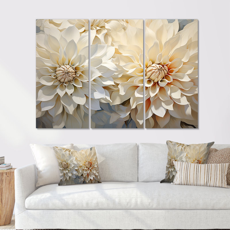 Fleurs blanches de dahlia minimaliste - ensemble d'art mural Dahlia, H 40 po x l 60 po x P 1 po