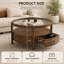 Table basse ronde de 29,5 po avec plateau en verre trempé, tablette de rangement à 2 niveaux et tiroir caché, table de salon moderne en bois brun noyer
