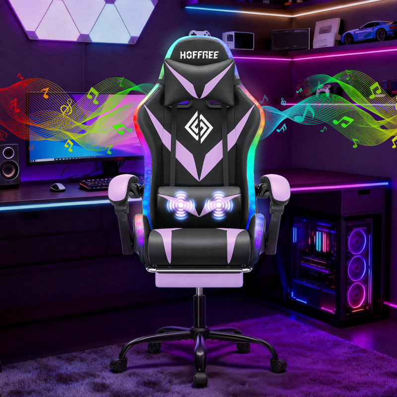 HOFFREE Gaming Chair Massage With Bluetooth Speakers And Led Lights Ergonomic Computer Gaming Chair With Footrest RGB Video Game Chair With High Back Lumbar Support
