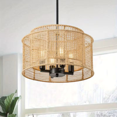 Lustre suspendu en rotin 3 lumières - Luminaire de ferme moderne avec cadre en métal noir mat et abat-jour en rotin beige naturel, plafonnier semi-encastré pour îlot de cuisine, salle à manger, salon - câblé 120 V, sans piles / installation facile