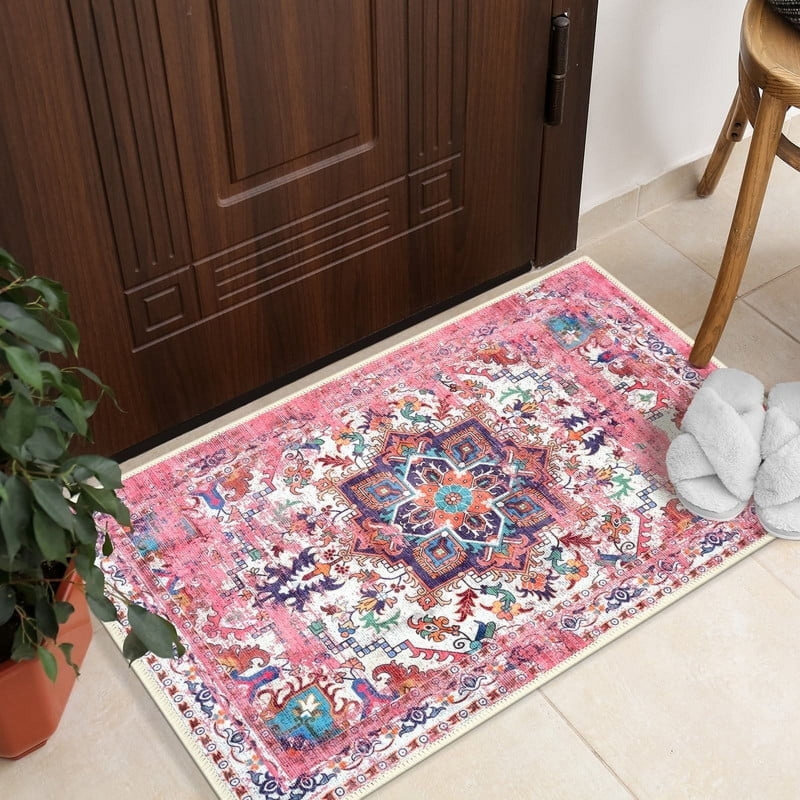 GLN Rugs Traditional Collection - Machine Washable Area Rug, Traditional Washable Rug, Non Slip Washable Rug, Low Pile Chenille Living Room Rug, Bedroom Rug, Kitchen Rug (Pink Rug)