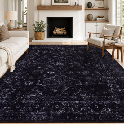 Tapis lavable 8 x 10, tapis Bobo vieilli rétro pour le salon, la chambre à coucher, résistant aux taches, envers antidérapant (noir)