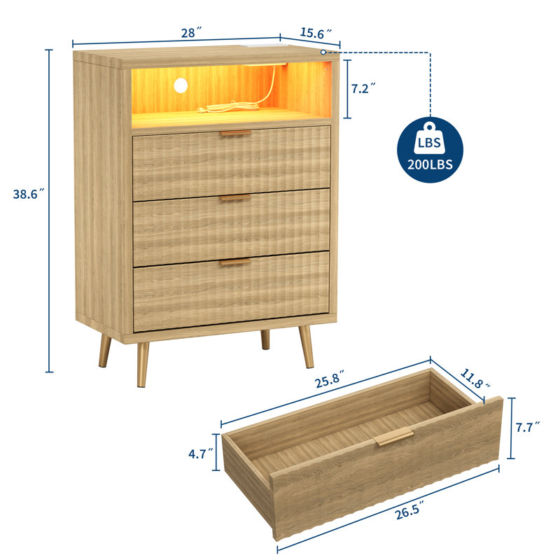 Commode à 3 tiroirs cannelée pour chambre à coucher, commode moderne avec lumières DEL intégrées et conception à devant ondulé, grande commode de rangement
