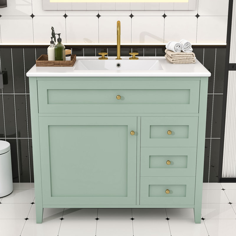 Meuble-lavabo en bois avec lavabo, 3 tiroirs, tablette et portes, Light Green, 36"