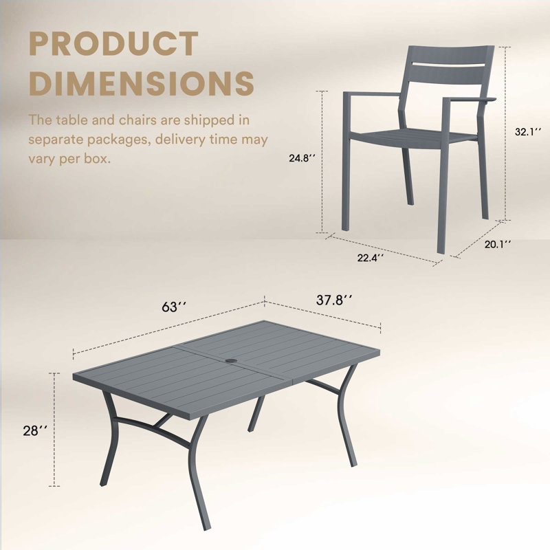 6-Person Outdoor Rectangular Patio Dining Set With Stacking Armchairs, Gray