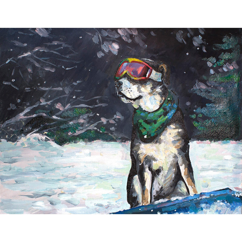 « snowboarding doggie », reproduction de peinture à l’huile sur toile tendue, H 24 po x l 31 po x P 1,5 po