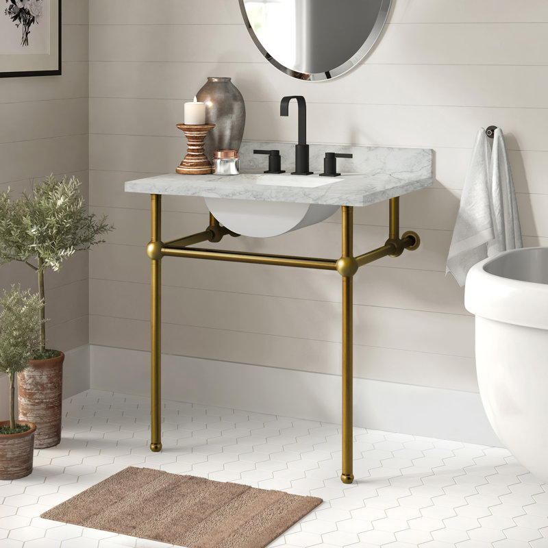 Kingston Brass Templeton 30-Inch Carrara Marble Vanity Top with Brass Legs (8-Inch, 3-Hole), Satin Brass