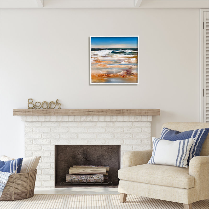 «Rolling Waves Abstract Shore» par Ron Di Scenza, H 24 po x l 24 po x P 1,5 po, Giclée encadrée blanc bord de mer