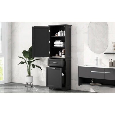 Black Freestanding Tall Bathroom Storage With Two Drawers, Adjustable Shelf, Slide Rails And - Toppling Device For Cabinet In , Drawers Installation Home