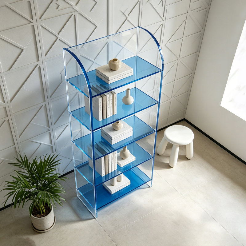 Bibliothèque en acrylique transparent bleu, (5 tablettes) H 62,99 po x l 19,69 po x P 11,81 po
