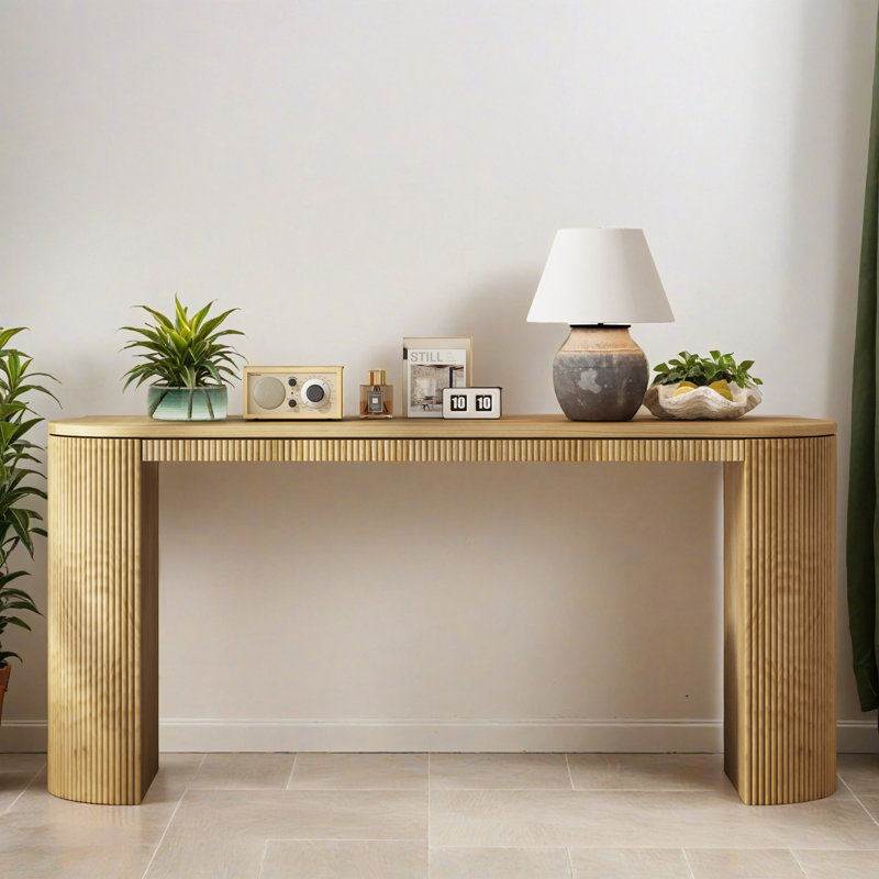 Console incurvée de 59,22 po avec bande verticale unique, idéale pour le salon, le bureau et l'entrée, Naturel