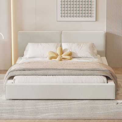 Queen Size Upholstered Platform Bed with Velvet Fabric, Grounded Bed with Solid Frame, 