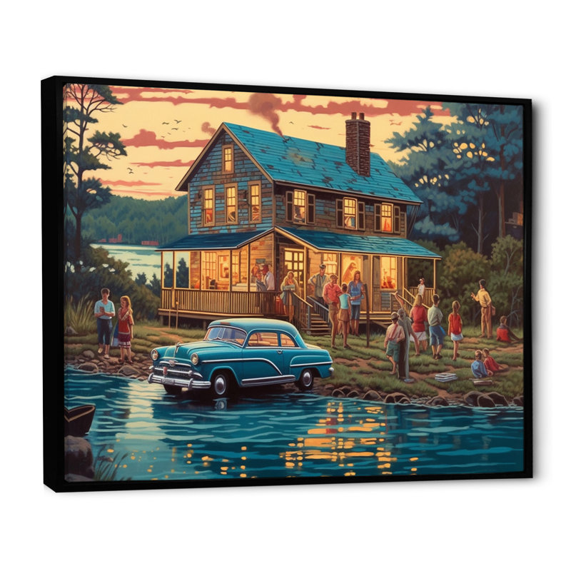 Ger été séché, Vaccation au chalet V sur toile, H 16 po x l 32 po x P 1 po, Cadre flottant noir