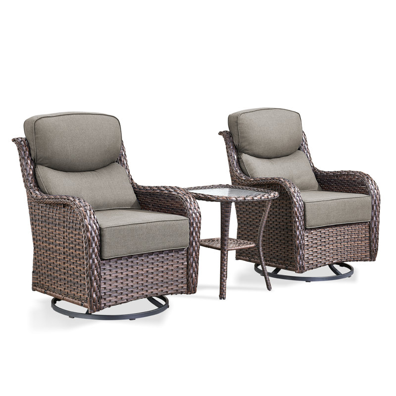 Ensemble de conversation d'extérieur 3 pièces avec chaises berçantes pivotantes en osier et table d'appoint Deb, Gris, Brun