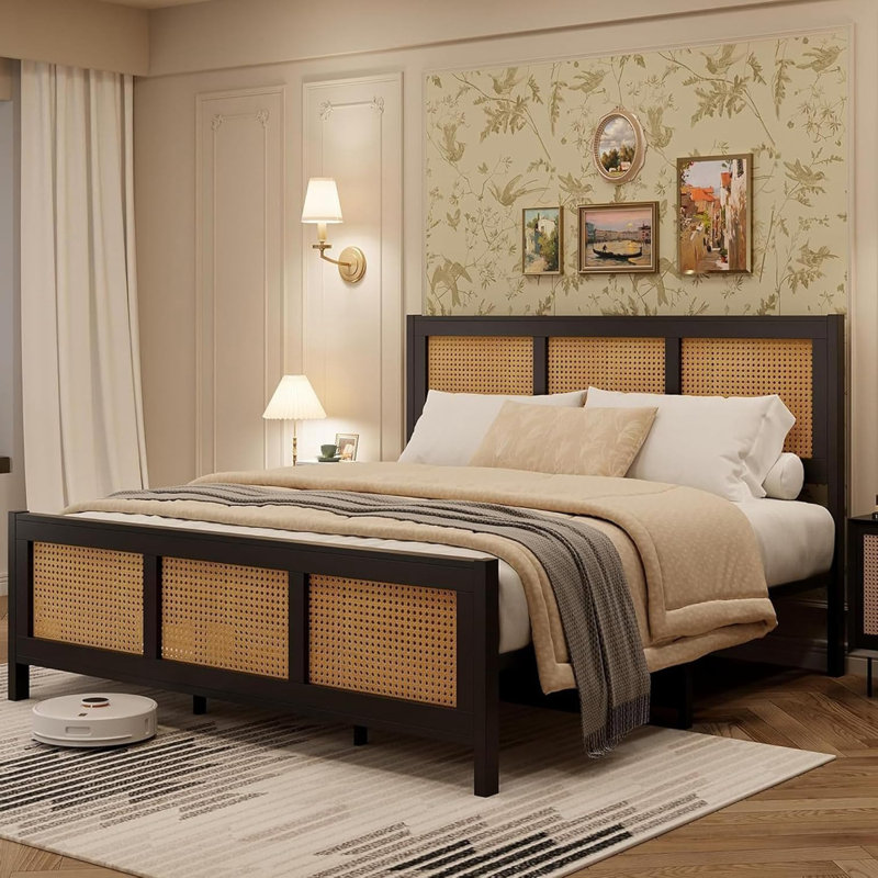 Bohemian Rattan Platform Bed With Strong Metal Slats Support, Full, Black