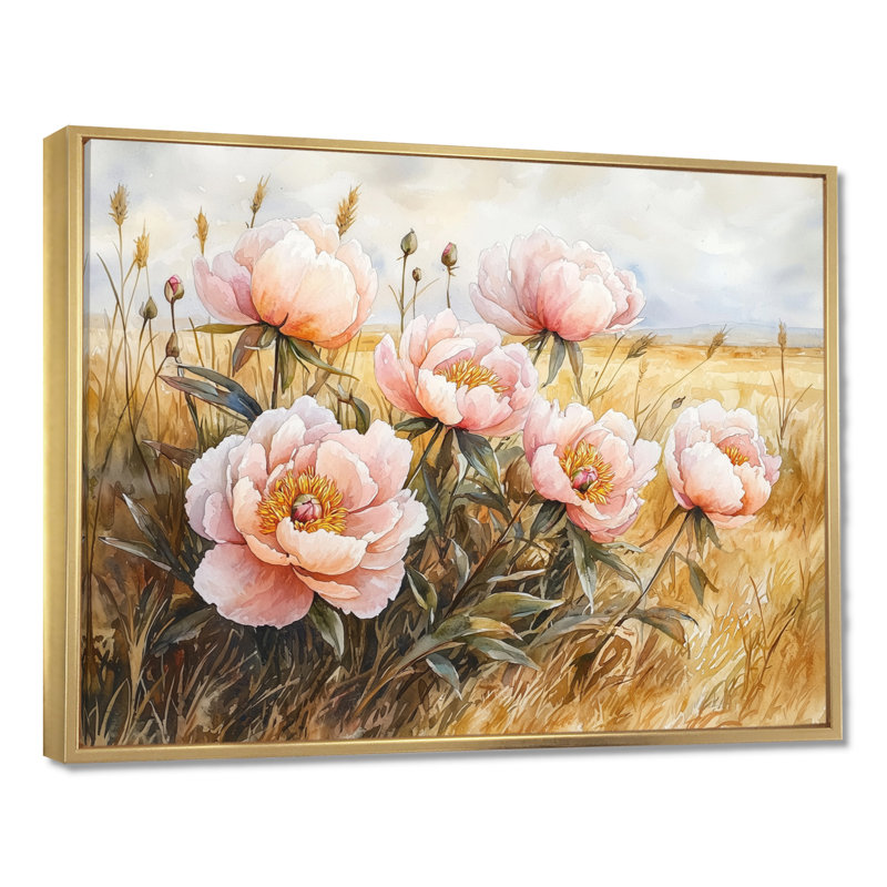 Grandes pivoines par The Open Prairie III - pivoines, art mural, 12" H x 20" W, Reproduction avec cadre flottant, Gold