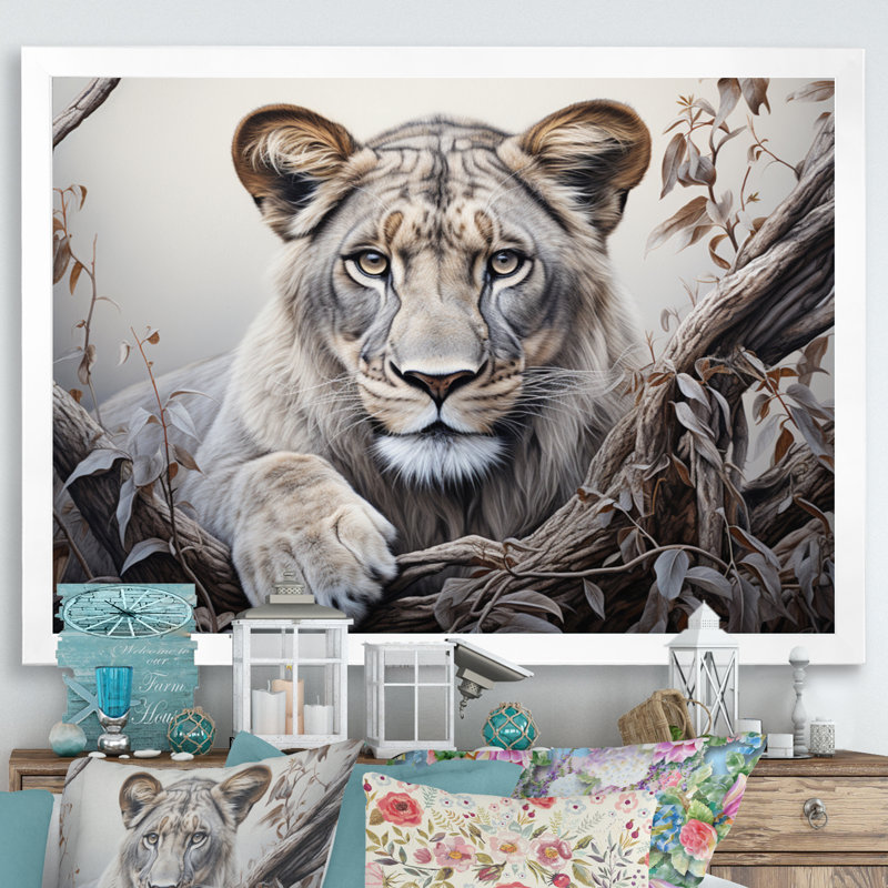 «Afrique Lioness Power II», reproduction sur toile, Cadre simple blanc, H 30 po x l 40 po x P 1,5 po