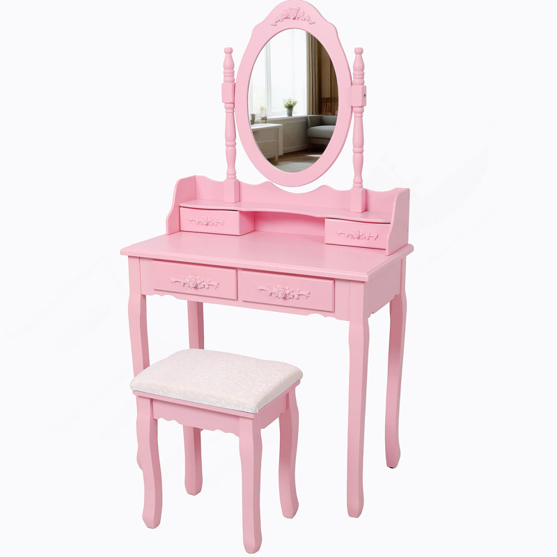 Vanity Desk Set With Mirror And Cushioned Stool, 4-Drawer Wooden Makeup Vanity Table For Bedroom, Pink