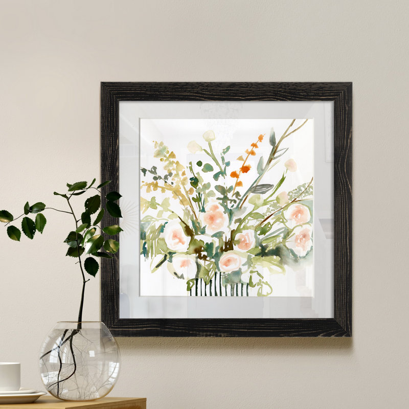 Imprimé fleurs en « I », H 27,5 po x l 27,5 po x P 1,5 po, Papier encadré noir