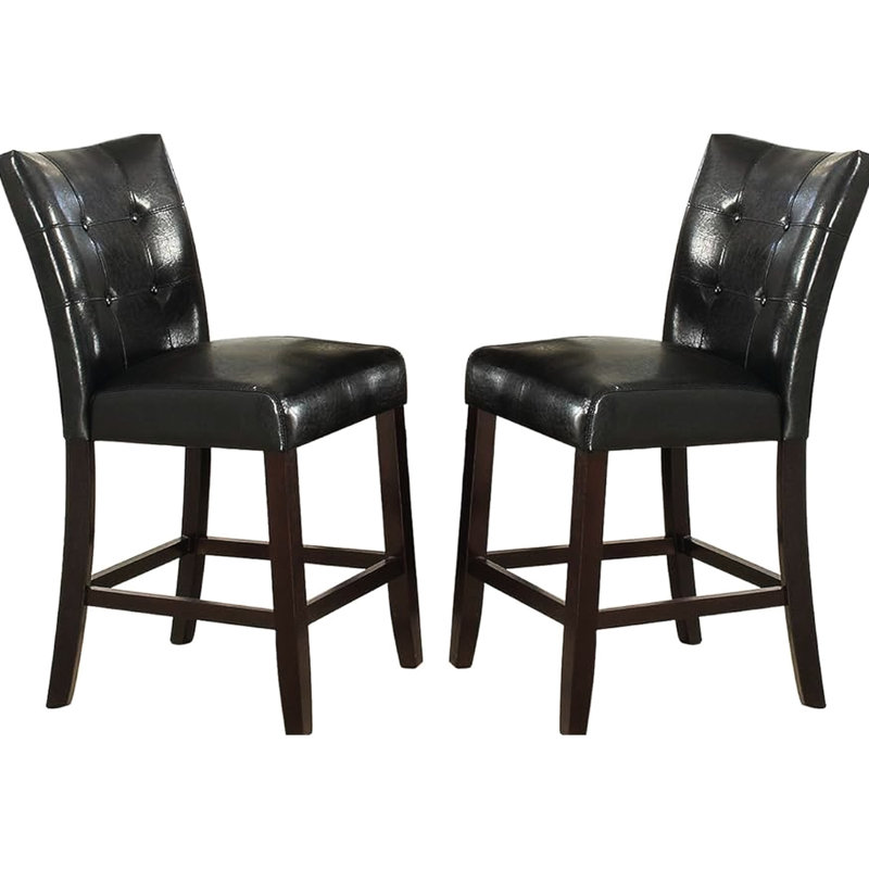 De 2 chaises de hauteur de comptoir d'apparence moderne, similicuir noir, dossier, assise coussinée, cuir de construction en bois, style contemporain, coussin d'assise, structure