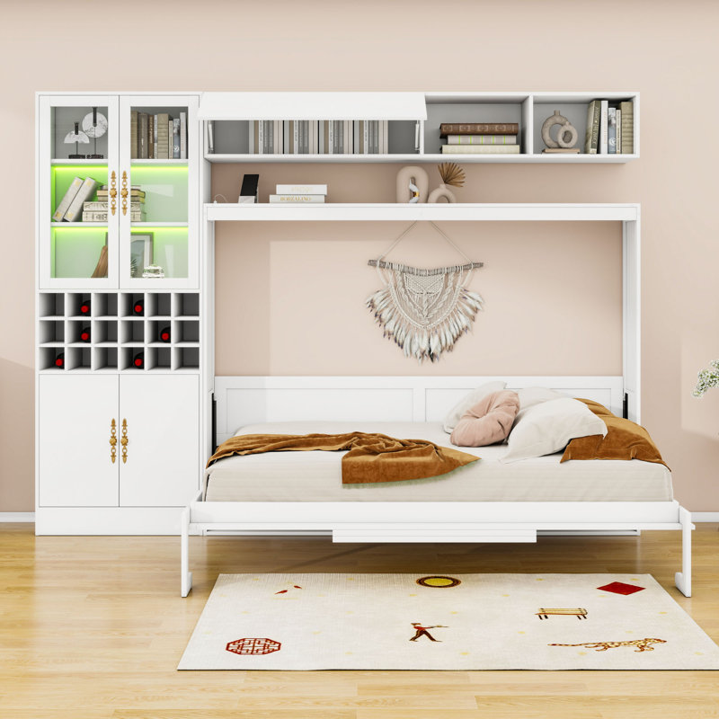 Lit escamotable avec canapé et USB, lumière Murphy, Blanc, Full / Double