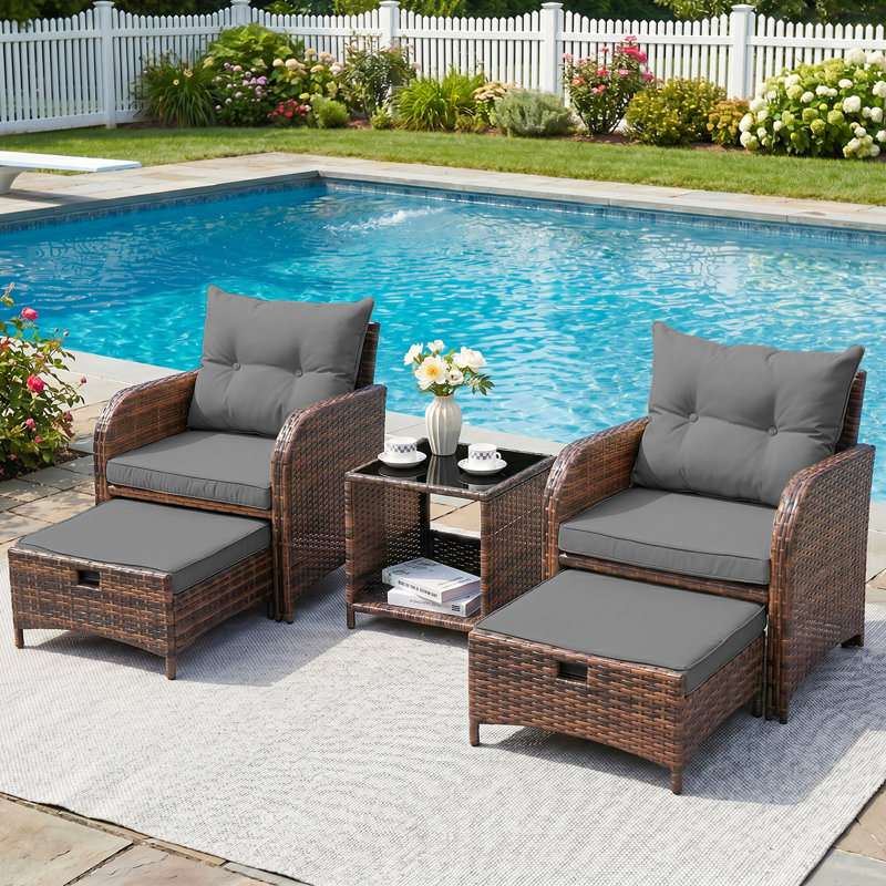 Constantino 2-Person Outdoor All-Weather Wicker Conversation Set with Ottomans and Tempered Glass Coffee Table