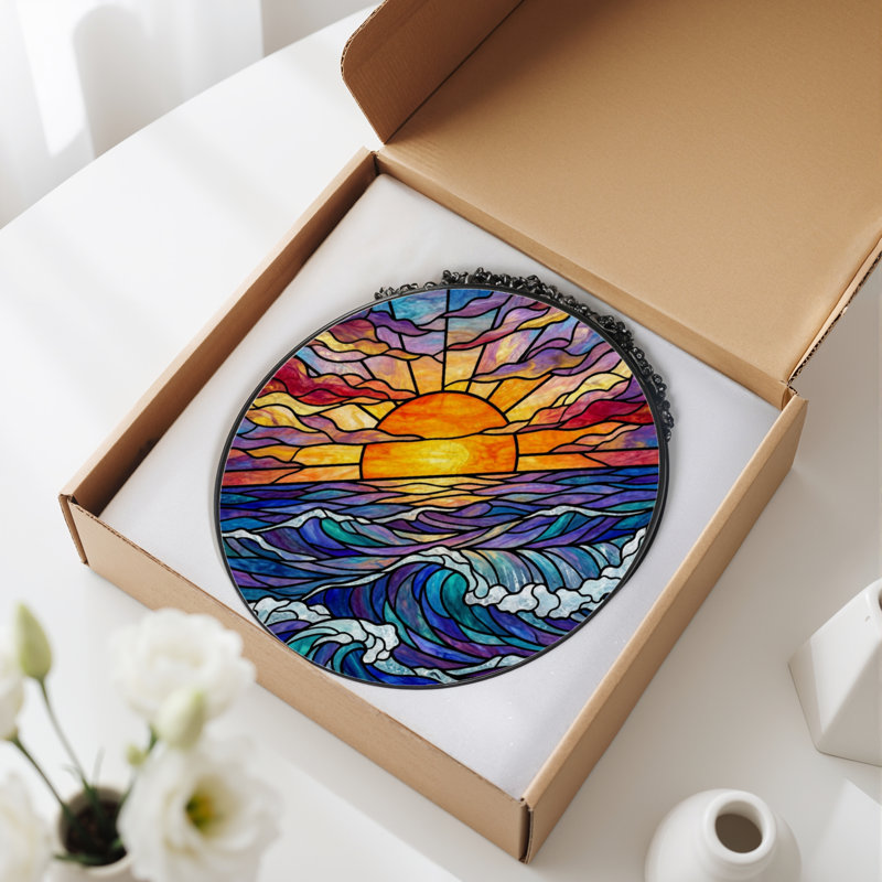 Panneau de vitrail 12 "H Sunset Ocean, 12" H x 12" W
