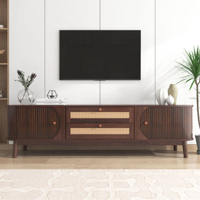 Rattan TV Stand For Tvs Up To 75 Inches, Modern Farmhouse Style Media Console With Solid Wood Legs For Living Room Entertainment