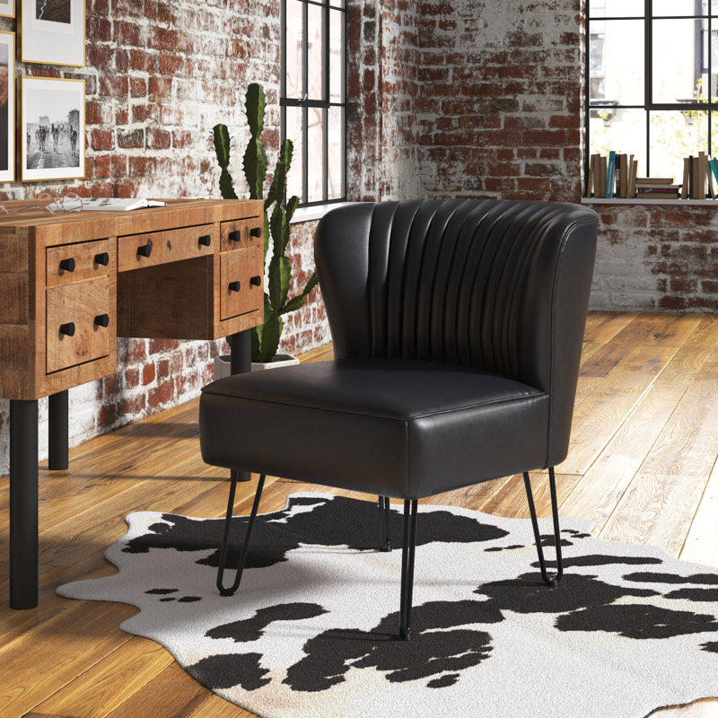 Euclid Faux Leather Chair With Metal Base, Black Pebbled Faux Leather