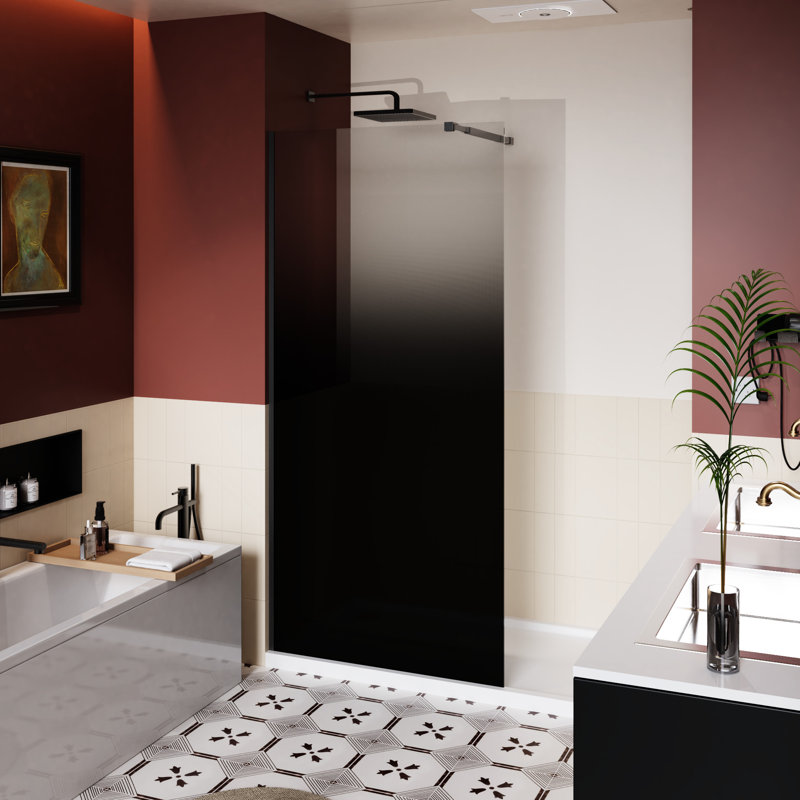 34 In W X 72 H Shower Door, Single Glass Panel, Black Gradient Tempered With Stainless Steel Rod, Suitable For Bathroom, , Stain - , Adjustable Aluminum Support, Reversible Installation, Visual