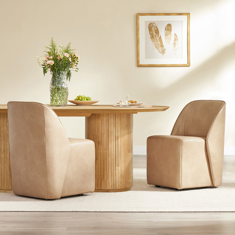 Fully Upholstered Dining Chair with Casters, Tan