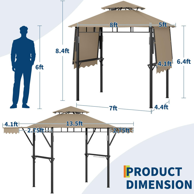 13.5x5 FT BBQ Grill Gazebo with Adjustable Side Awnings, Double-Tier Vented Canopy, Storage Shelves, Heavy-Duty Steel Outdoor Barbecue Shelter