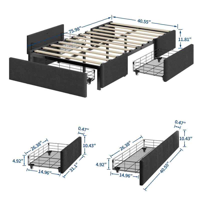 Twin Size Platform Bed Frame with 3 Storage Drawers Dark Gray