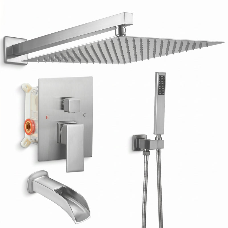 Kubik 12 in. Square Shower System with Tub Spout (Valve Included), Brushed Nickel