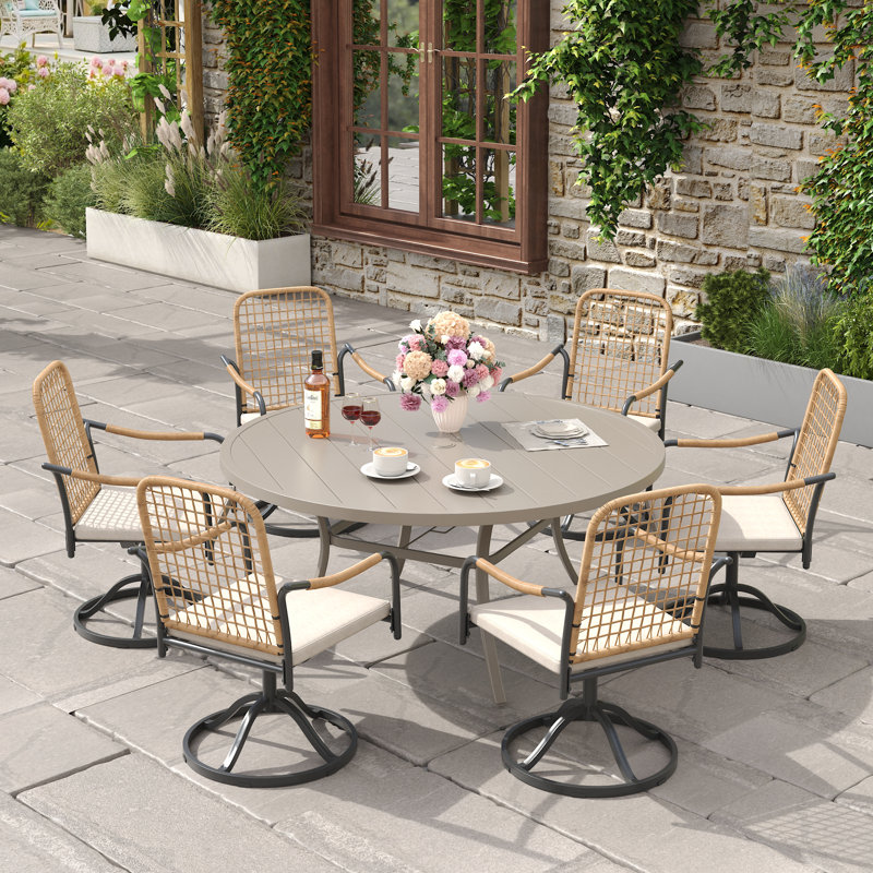 7-Pieces Patio Round Outdoor Dining Set With Swivel Rattan Armchair, Cream