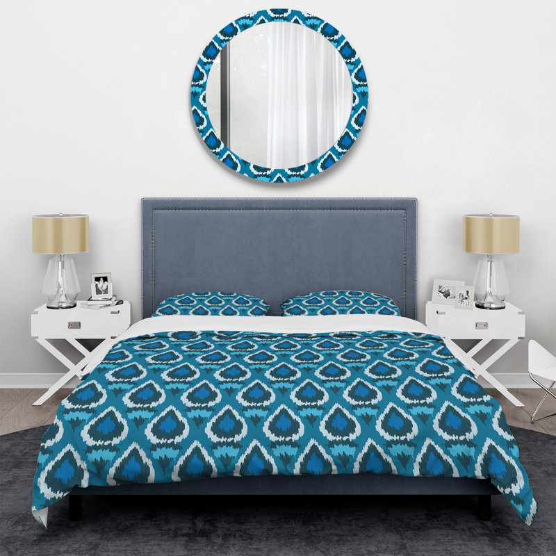 Blue Ethnic Pattern Geometric Shapes Duvet Cover, King Duvet Cover + 2 King Shams