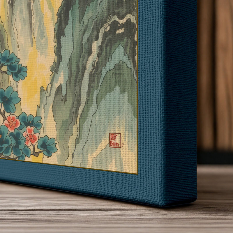 Mountain Mist in Gold Japandi - Wrapped Canvas, 18x12 - 45.7 x 30.5 cm, Teal Border