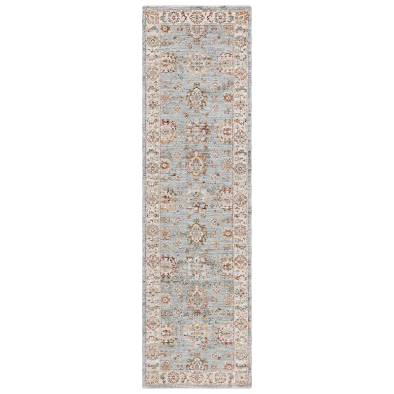 Tapis oriental en polyester bleu / ivoire Xanthi, Tapis de couloir 2 pi 2 po x 8 pi