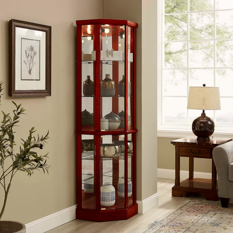 Vitrine de coin éclairée à 6 tablettes avec tablettes réglables en verre trempé et miroir arrière, cerisier (ampoule E26 non incluse)