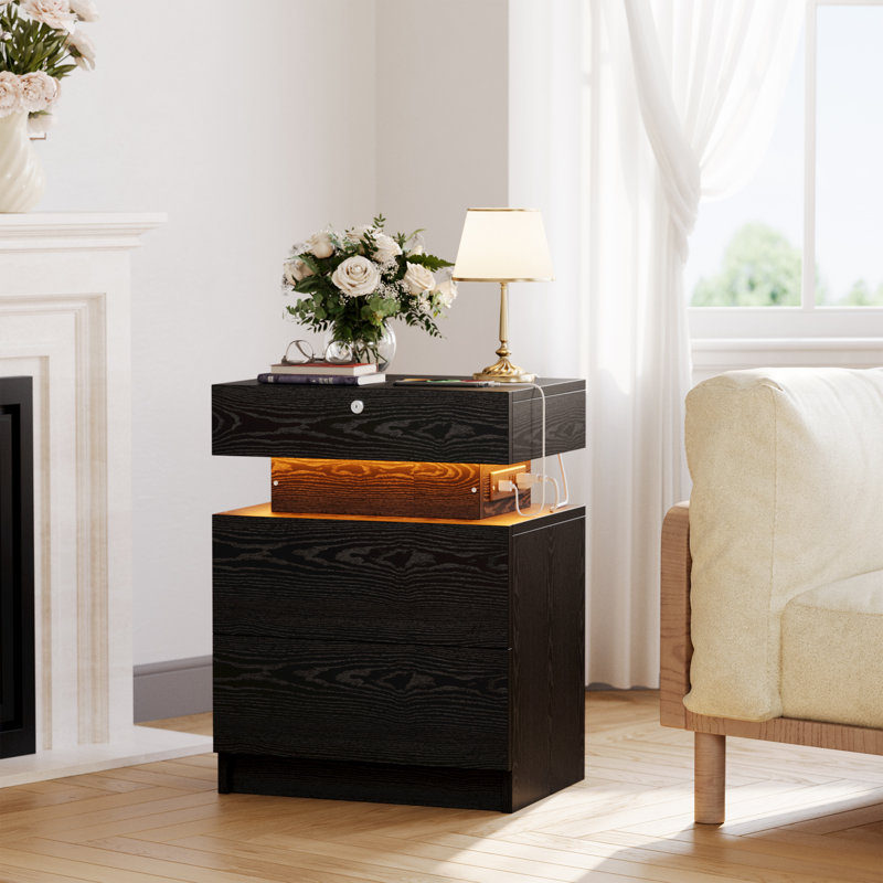 Modern 3-drawer Nightstand With Charging Station, Night Stand With Storage And Led Lights, Wood Bedside Table With Lock, Wood End Table For Bedroom