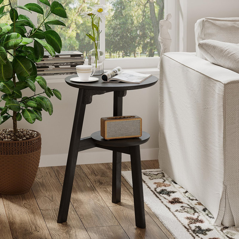 Table de bout ronde pour petits espaces, table d'appoint étroite, table de chevet d'appoint avec tablette à 2 niveaux pour la chambre à coucher et le salon, noir