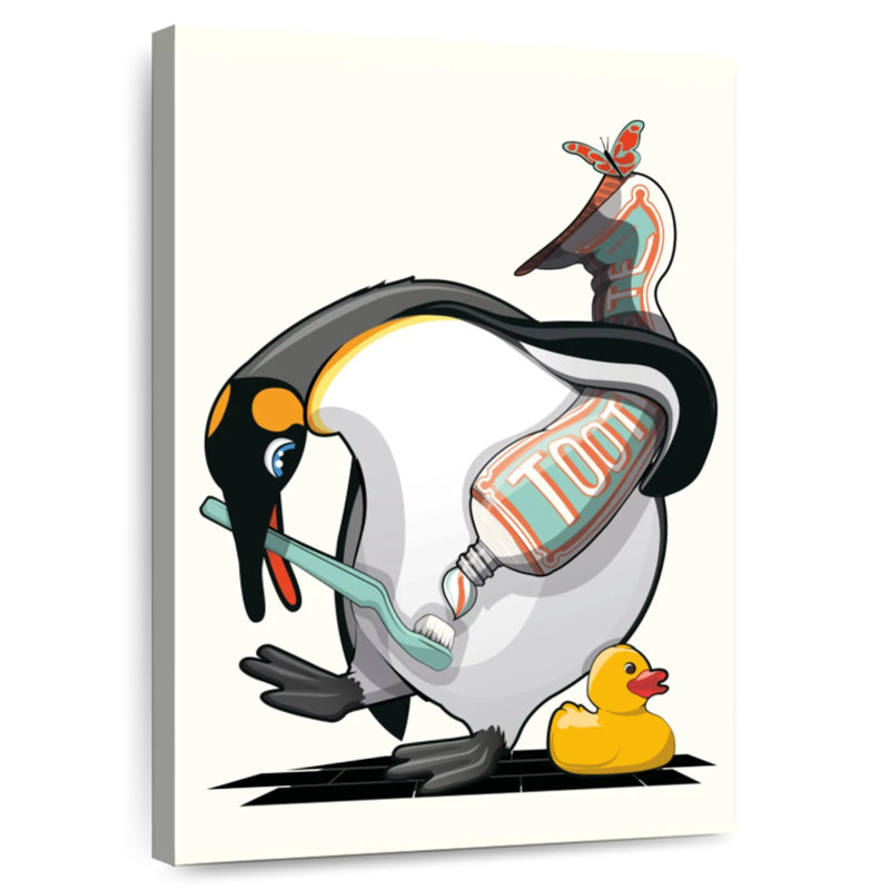 Penguin Brushing Teeth In Bathroom, 36" H x 24" W
