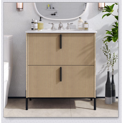 Meuble-lavabo de 30 pouces avec lavabo en céramique, tiroirs pleine extension et conception cannelée pour une élégance moderne