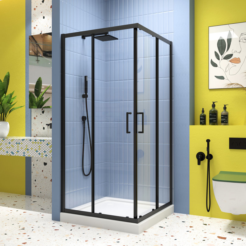Matte Black Sliding Shower Door With 1/4" Tempered Clear Glass, Angle Pivot Enclosure And Stainless Steel Handle Black, Splendid