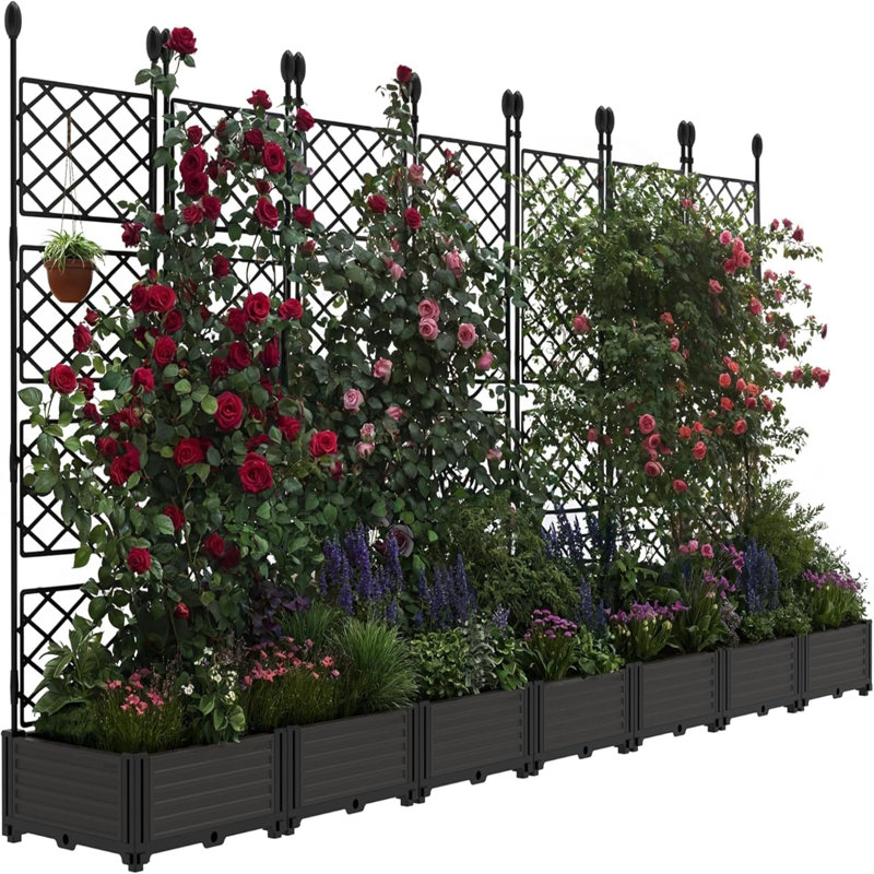 114 x16 x 63 in  Modular Vertical Garden Kit 7-Pack Raised Planter Boxes with Trellis Panels, 114.2" Width
