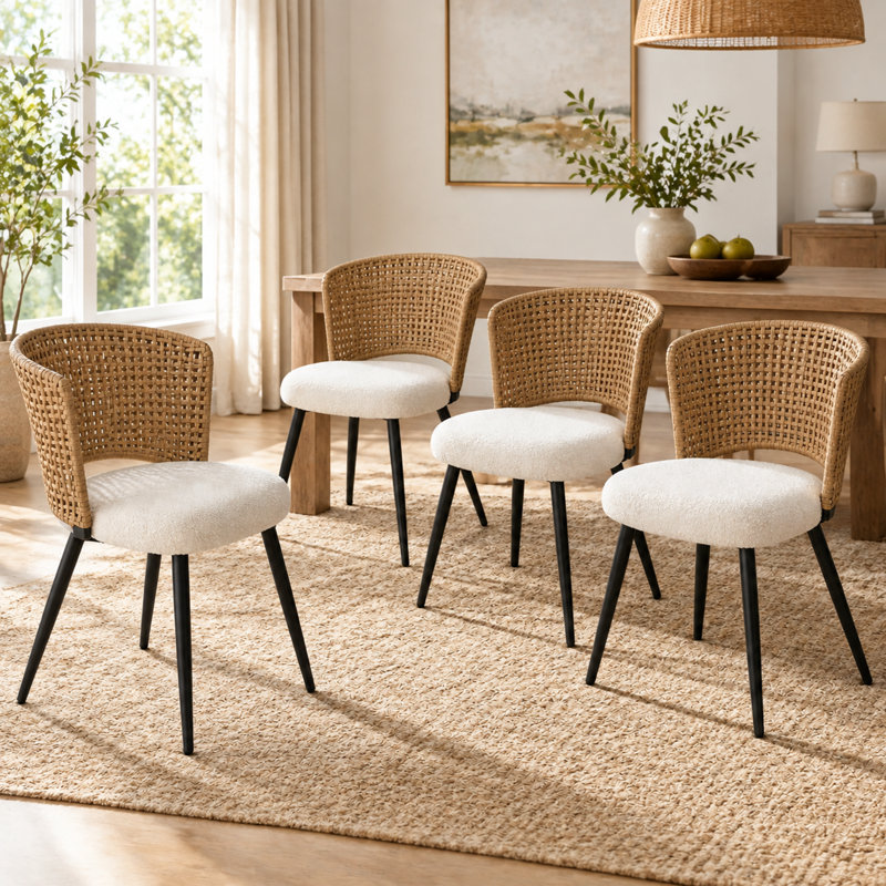 Ensemble de 4 chaises de salle à manger en rotin avec coussin en forme d'ourson et pieds en métal