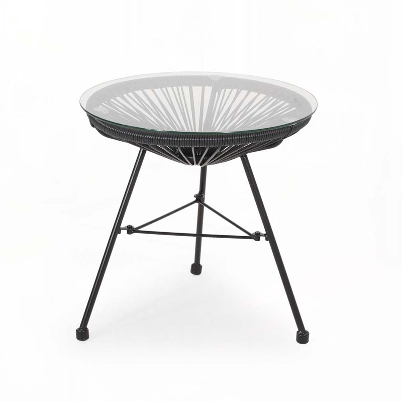 Patio Side Table with Metal Frame,Round Glass Top, Black