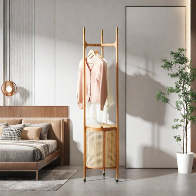 Ash Wood Rattan Coat Rack Removable Basket